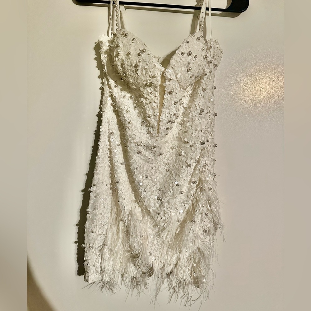 White Beaded Mini Dress with Feather Details